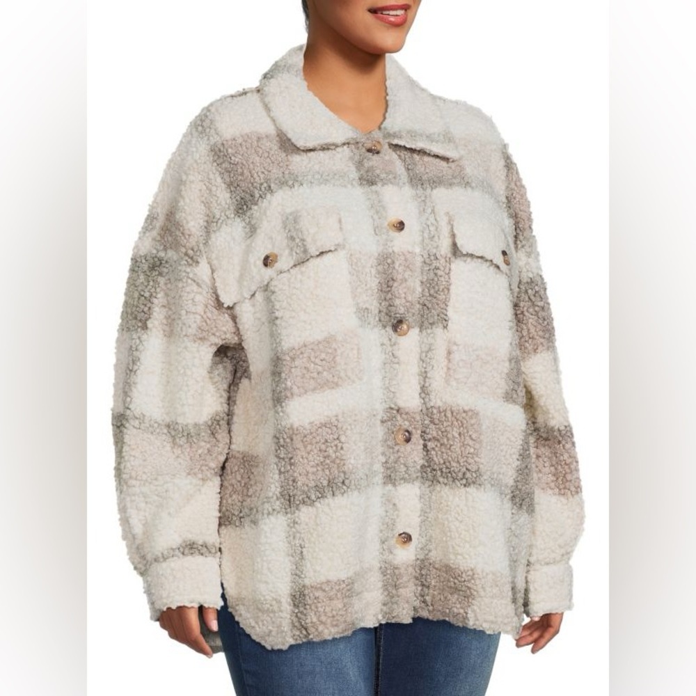 Perch Teddy Plaid Shirt Jacket Shacket‎ Grey White Plus 1X